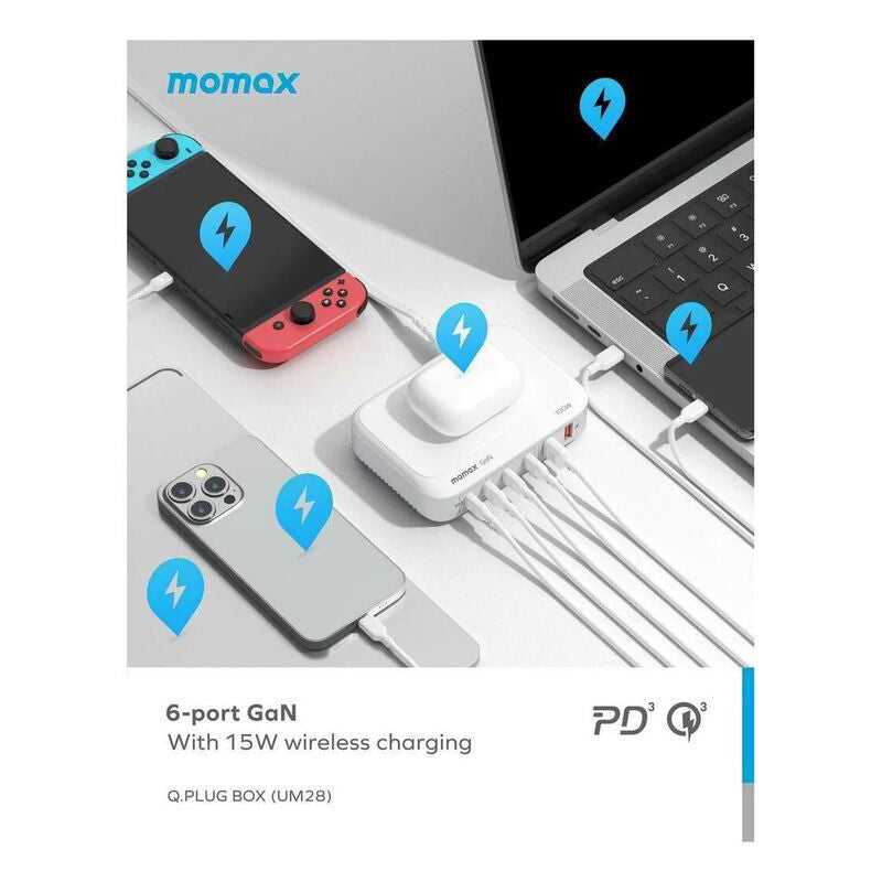 Momax Q.PLUG Box 100W 6-Port GaN with Wireless Charging | UM28-2m Power Cable - White
