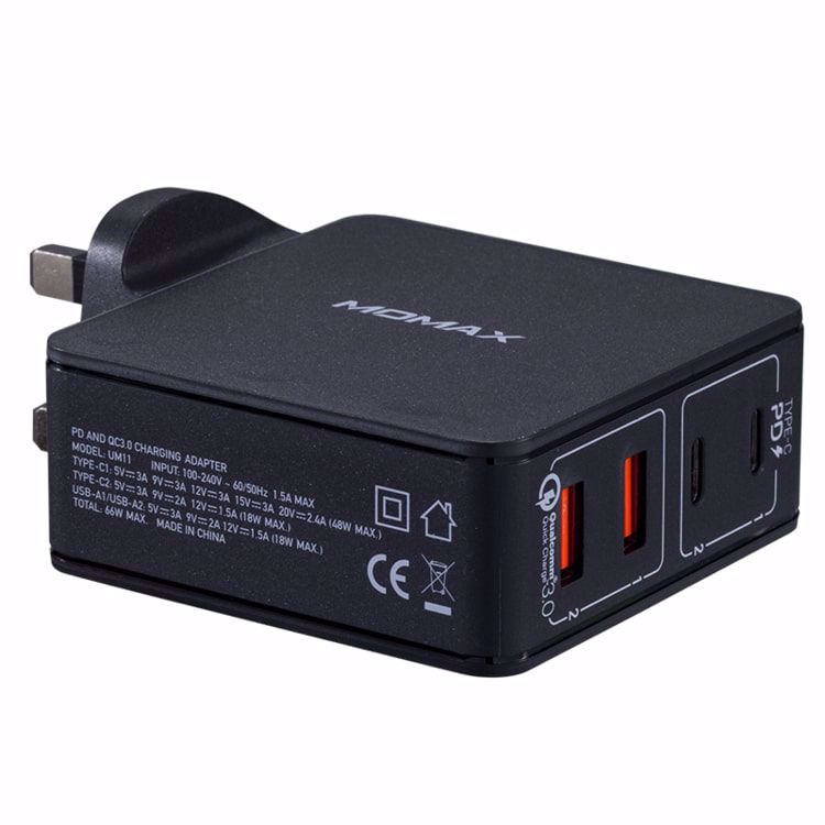 Momax One Plug 66W 4-Port Type-C PD + QC3.0 Charger - Black
