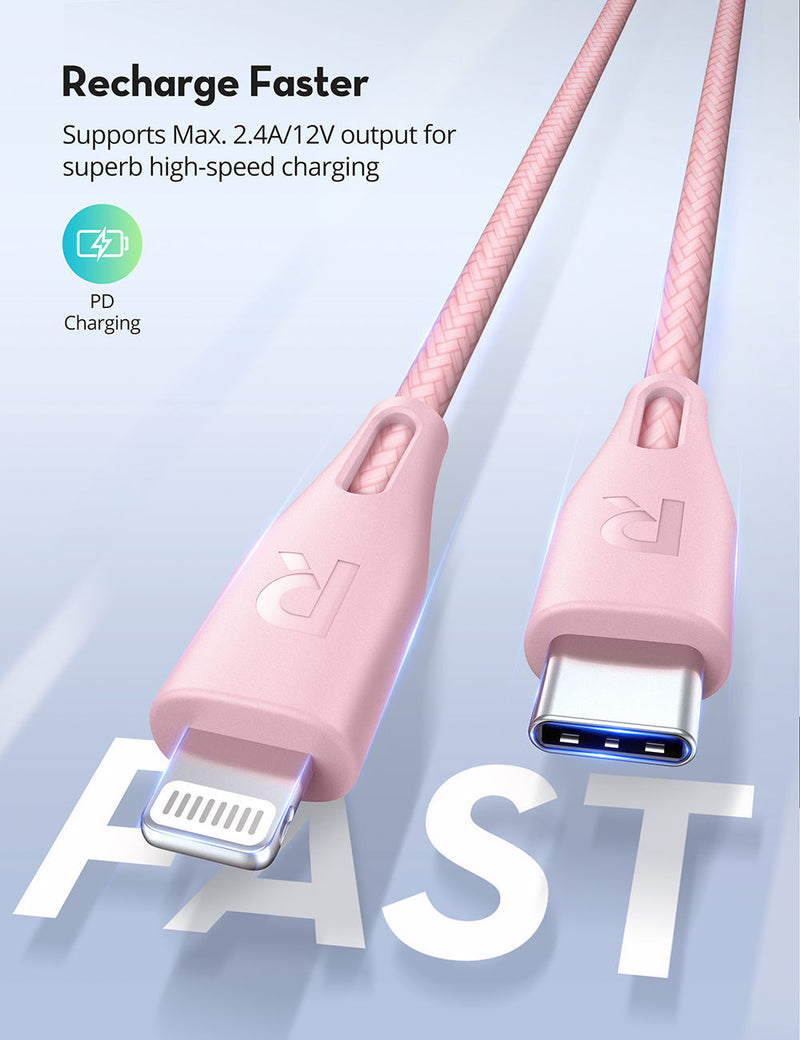Ravpower Nylon Braided USB-C to Lightning Cable 1.2M - Pink