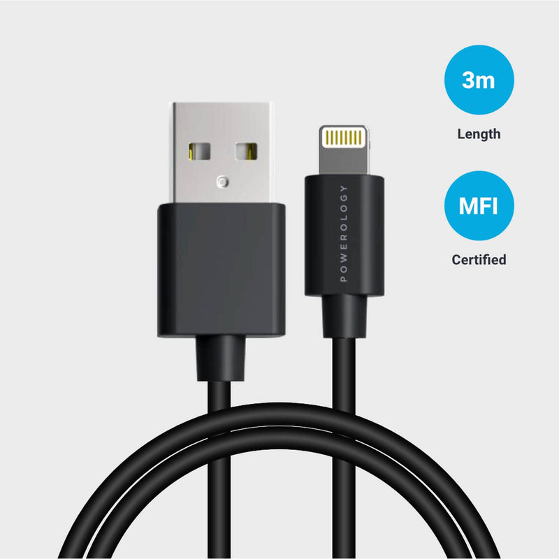 Powerology USB-A to Lightning Cable 3M, Fast Charging, Data Sync, Super Durable, - Black