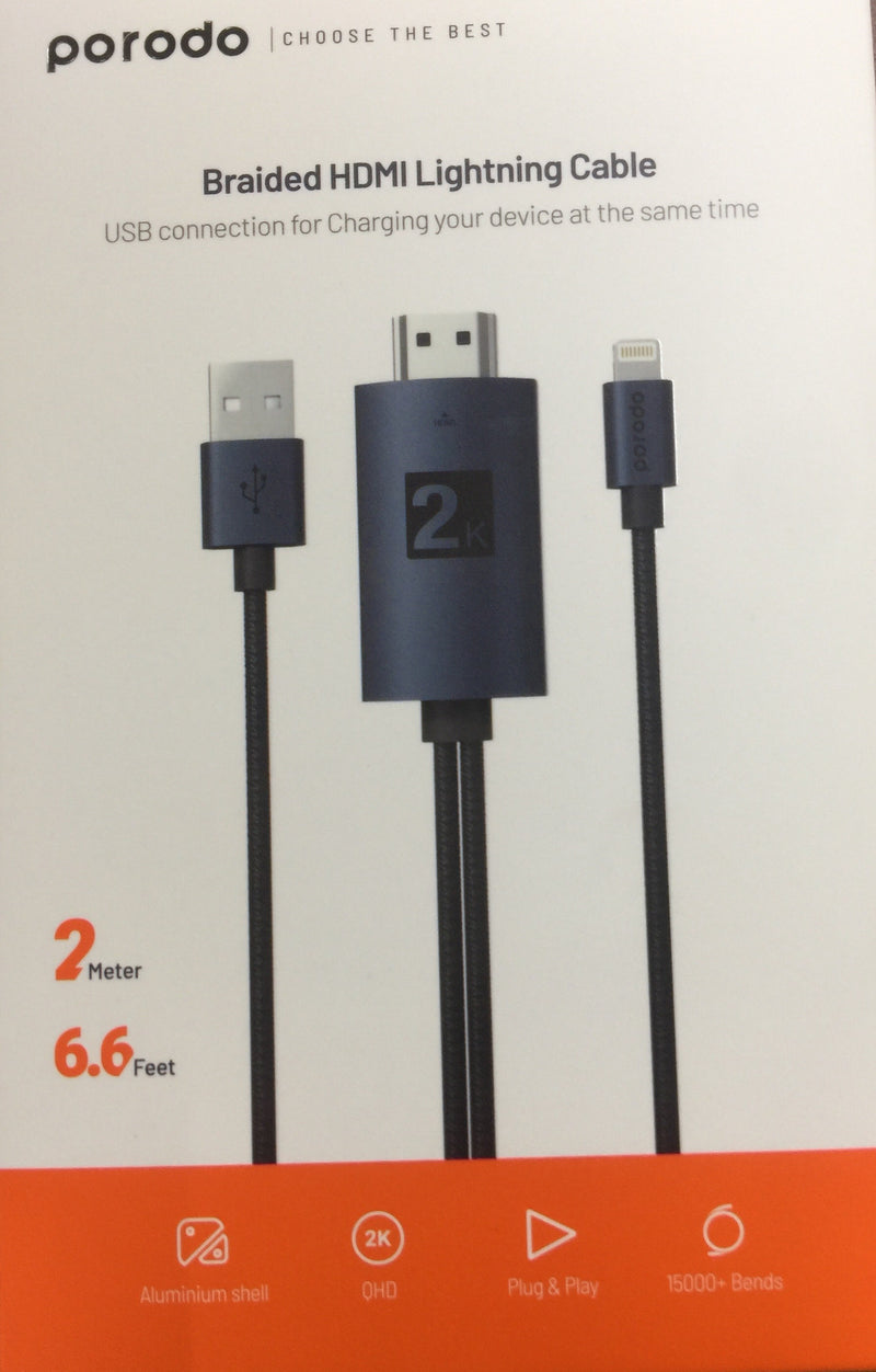 Porodo Braided 2K HDMI Lightning Cable 2M - Black
